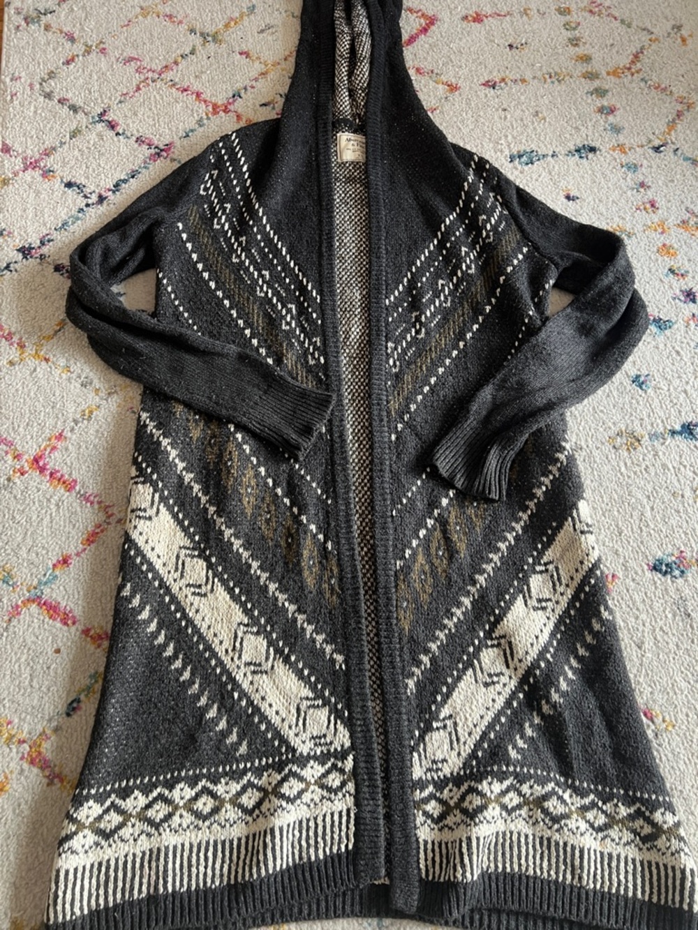 Abercrombie & Fitch Black Hooded Fair Isle Long Cardigan